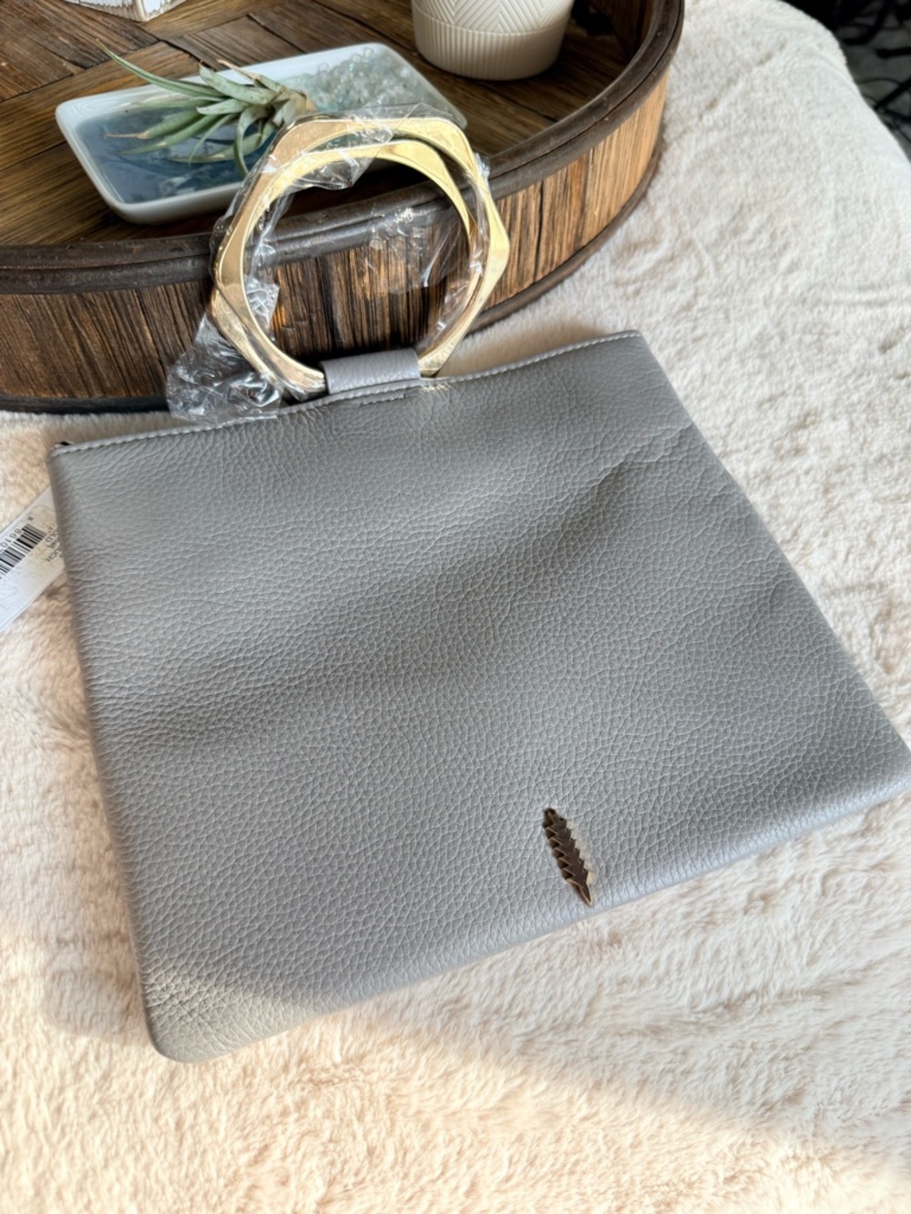 Thacker NYC Gray Pebbled Leather Ring Handle Clutch Gold Chain Strap Bag NWT